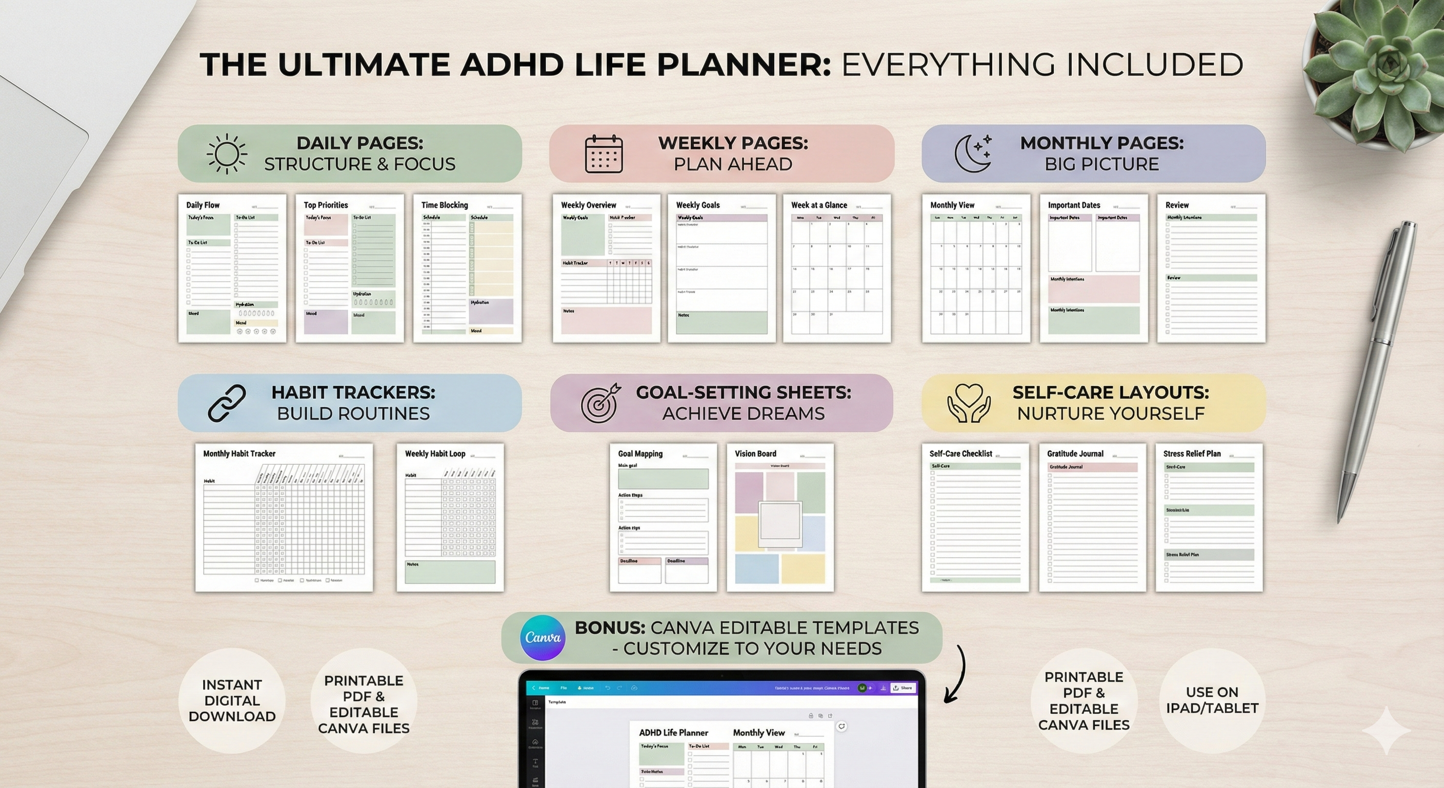 ADHD Life Planner 1000+ Pages & Calendar Bundle PDF